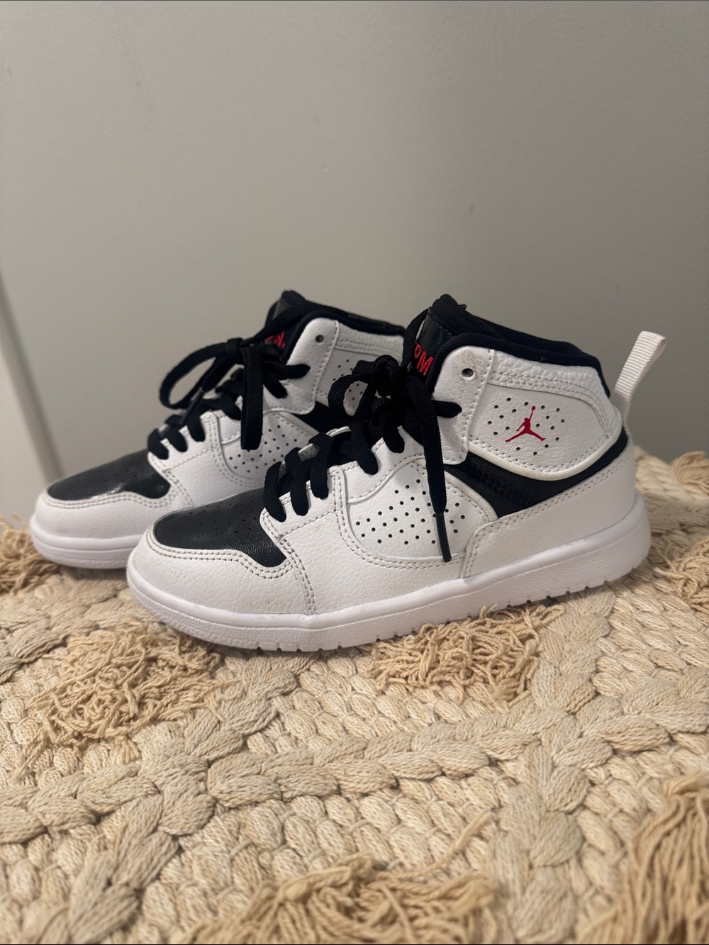 Jordan Kids White and Black High-Top Sneakers with Red Jumpman